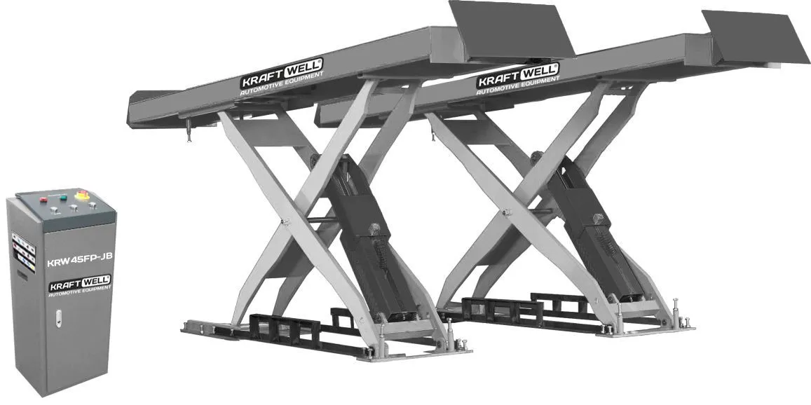 Электрогидравлический подъемник KraftWell KRW45FP-JB Подъемник ножничный г/п 4500 кг. заглубляемый, платформы гладкие
