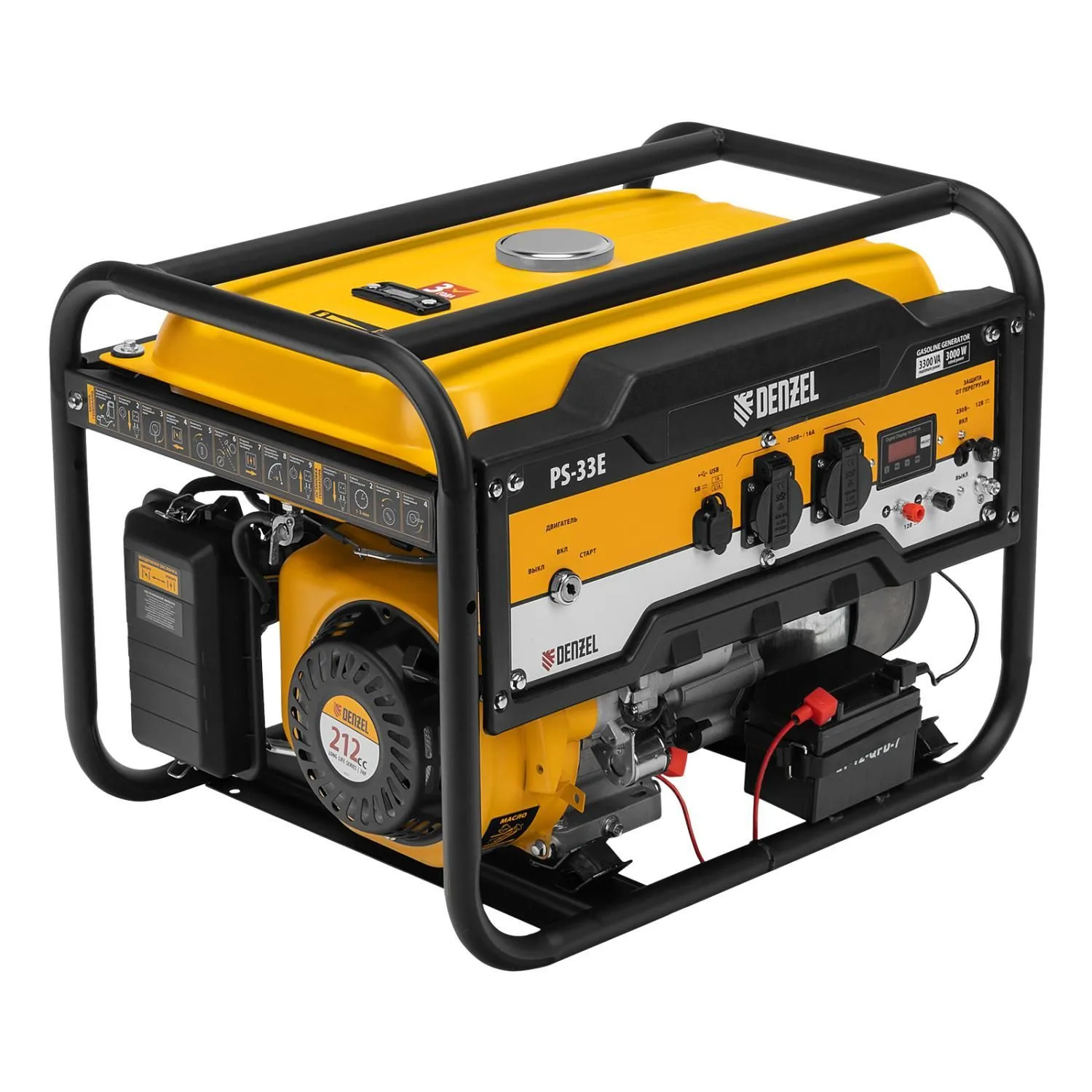 Генератор бензиновый PS-33E, 3.3 кВт, 230В, 15 л, электростартер Denzel купить