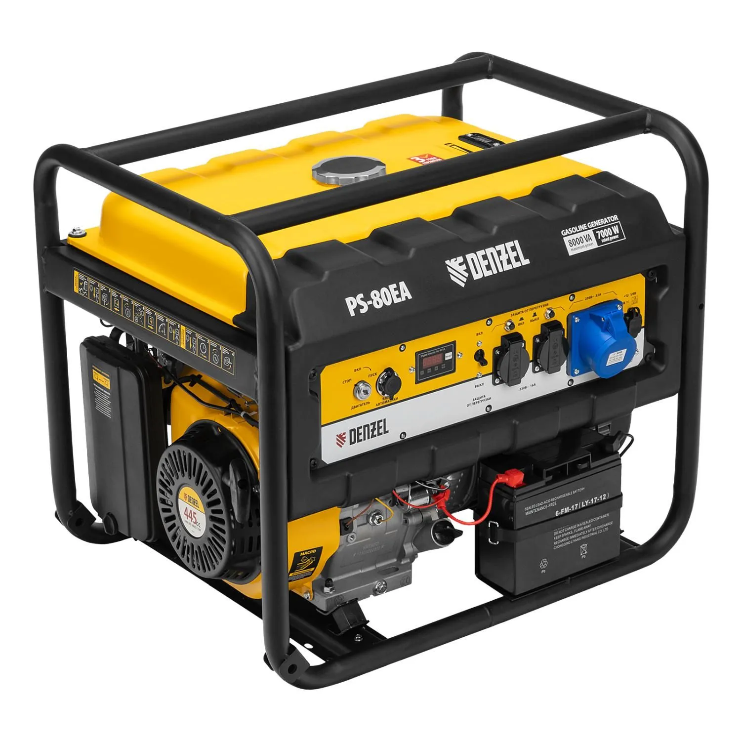 Генератор бензиновый PS 80 EA, 8.0 кВт, 230 В, 25 л, коннектор автоматики, электростартер Denzel купить